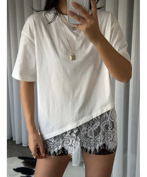 Oversize dantel detay T-shirt / Beyaz