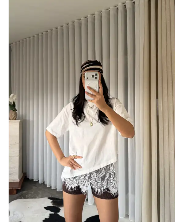 Oversize dantel detay T-shirt / Beyaz