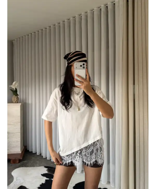 Oversize dantel detay T-shirt / Beyaz