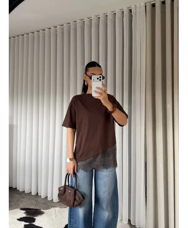 Oversize dantel detay T-shirt / Kahverengi
