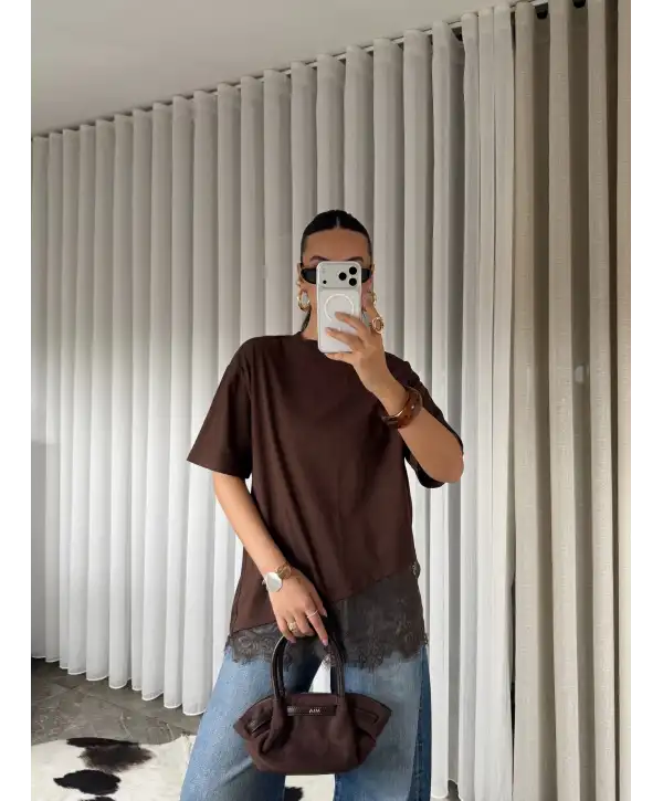 Oversize dantel detay T-shirt / Kahverengi