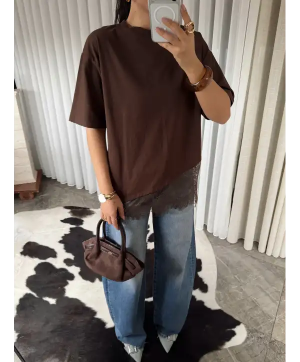 Oversize dantel detay T-shirt / Kahverengi