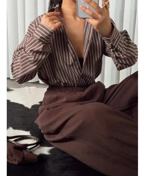 Çizgili oversize gömlek -Kahverengi