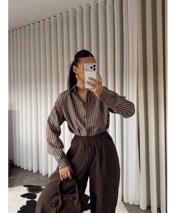 Çizgili oversize gömlek -Kahverengi