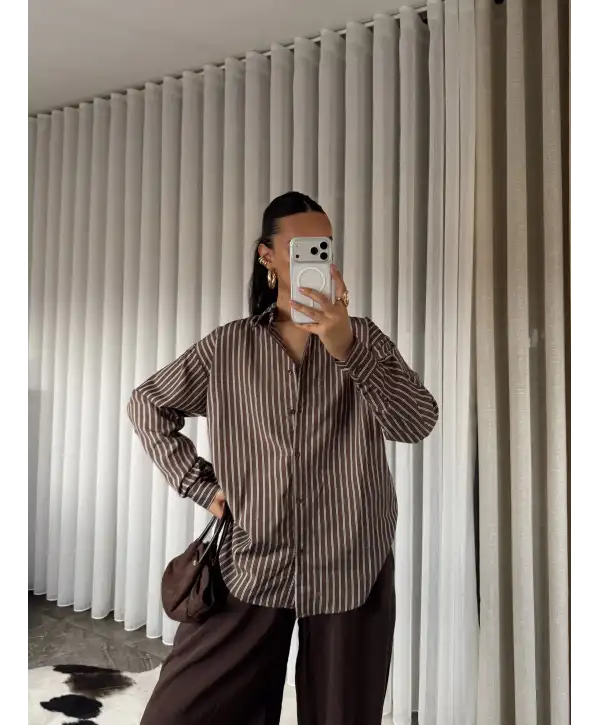 Çizgili oversize gömlek -Kahverengi