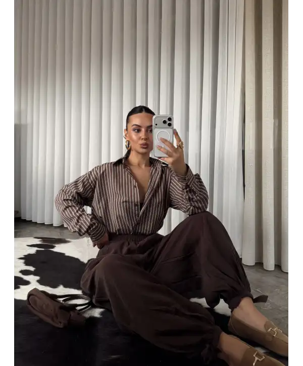 Çizgili oversize gömlek -Kahverengi
