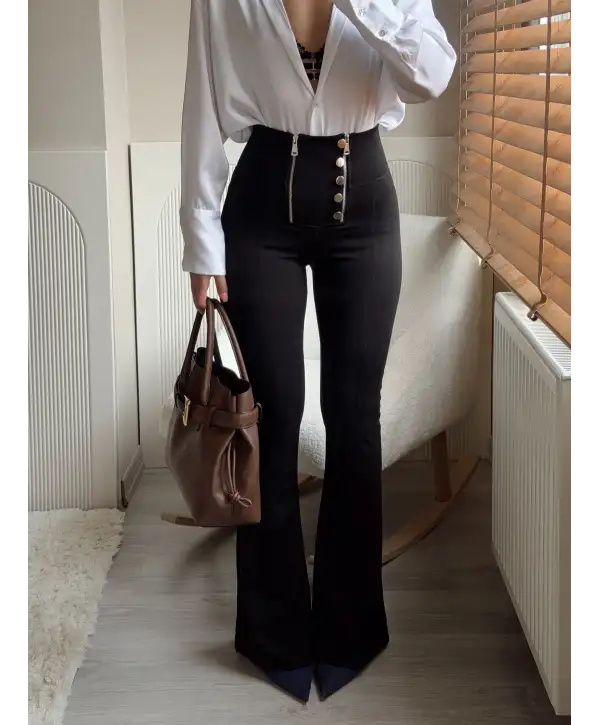 İspanyol paça düğme ve fermuar detay tayt pantolon- Siyah