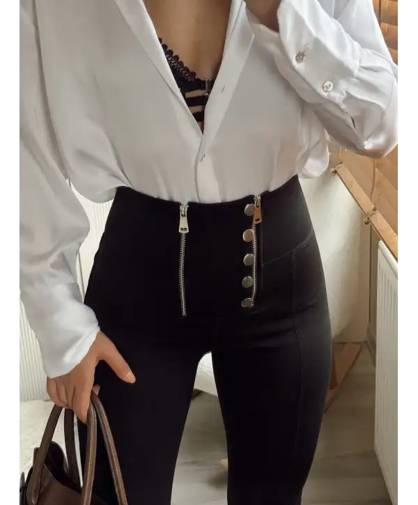 İspanyol paça düğme ve fermuar detay tayt pantolon- Siyah