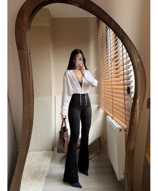 İspanyol paça düğme ve fermuar detay tayt pantolon- Siyah