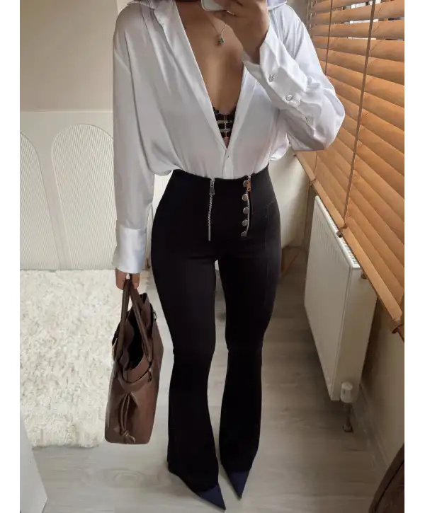 İspanyol paça düğme ve fermuar detay tayt pantolon- Siyah