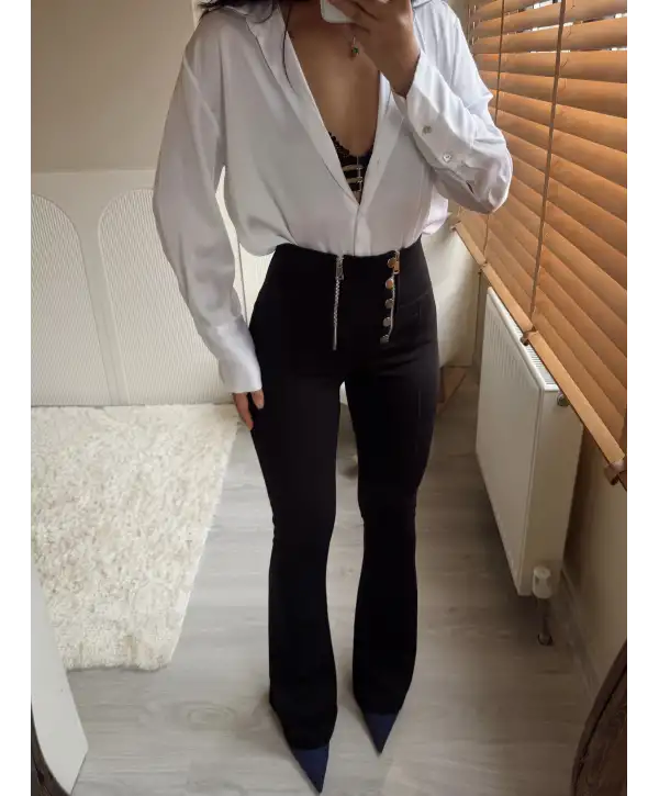 İspanyol paça düğme ve fermuar detay tayt pantolon- Siyah