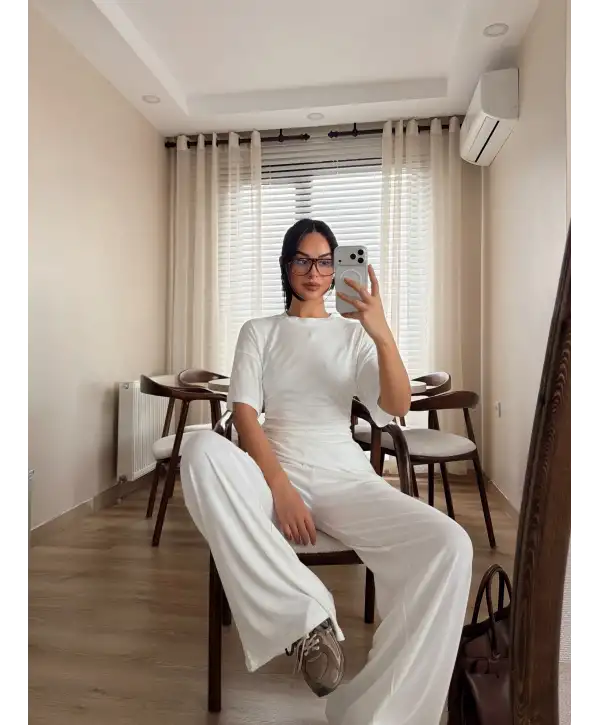 Ribana yan büzgülü takım - Beyaz