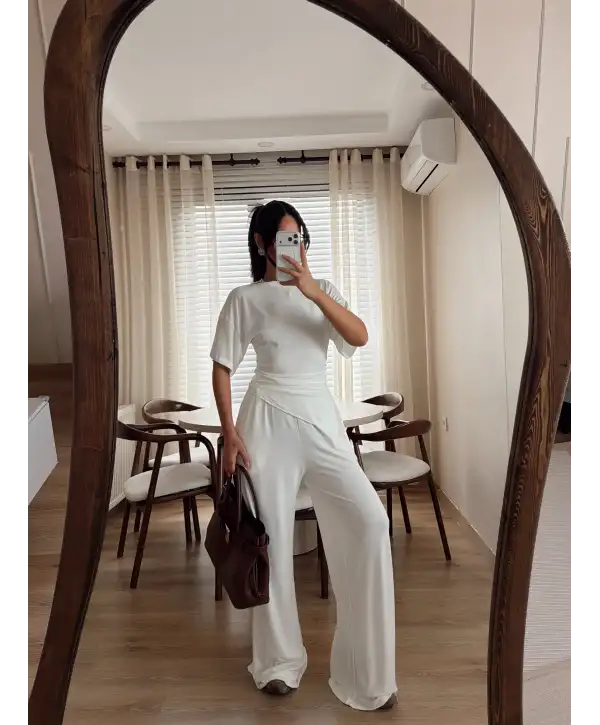 Ribana yan büzgülü takım - Beyaz