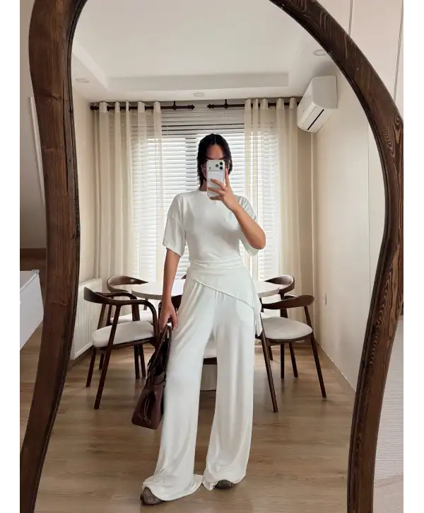 Ribana yan büzgülü takım - Beyaz