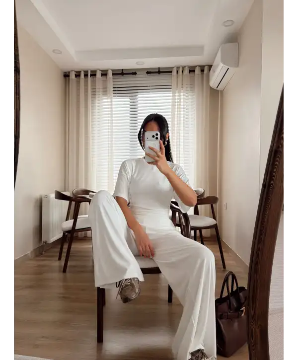 Ribana yan büzgülü takım - Beyaz