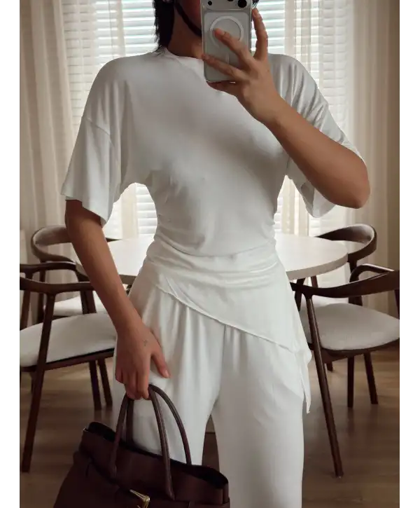 Ribana yan büzgülü takım - Beyaz