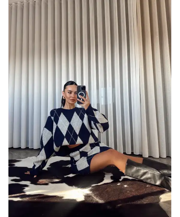 Baklava desen triko etekli takım - Mavi