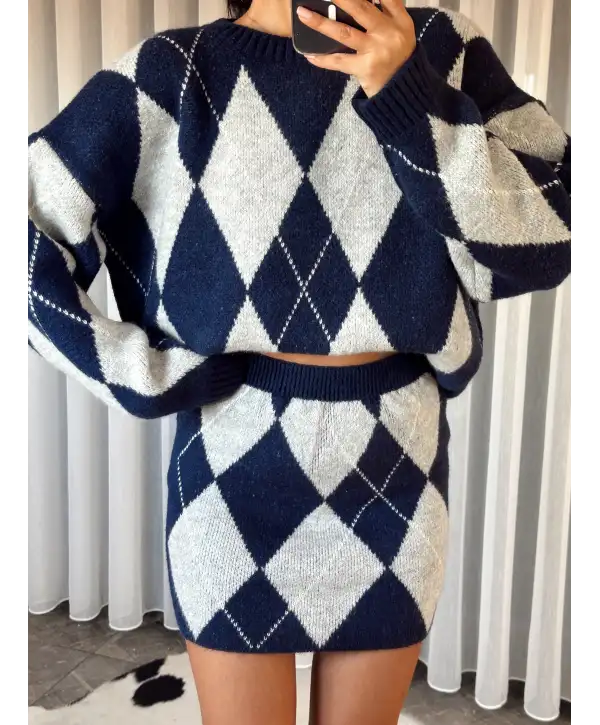 Baklava desen triko etekli takım - Mavi