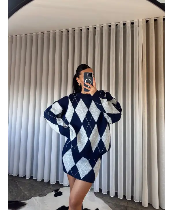 Baklava desen triko etekli takım - Mavi