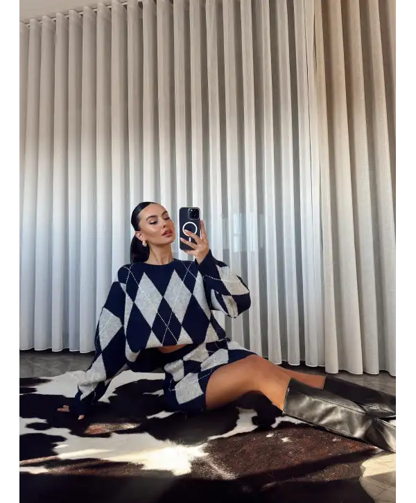 Baklava desen triko etekli takım - Mavi