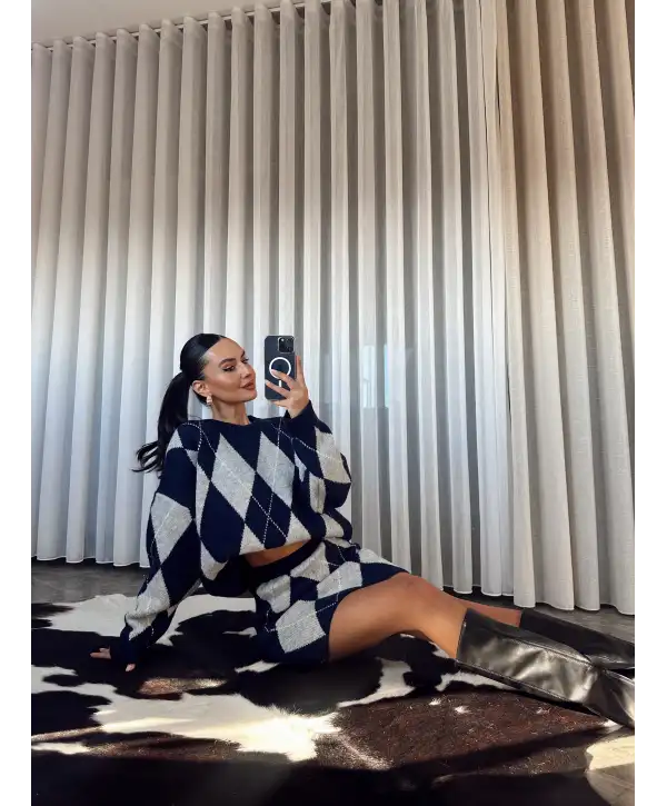 Baklava desen triko etekli takım - Mavi