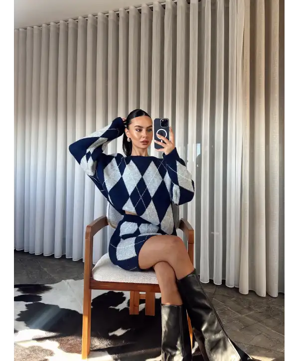 Baklava desen triko etekli takım - Mavi