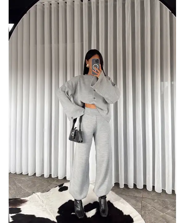 Bel katlama detay triko takım - Gri