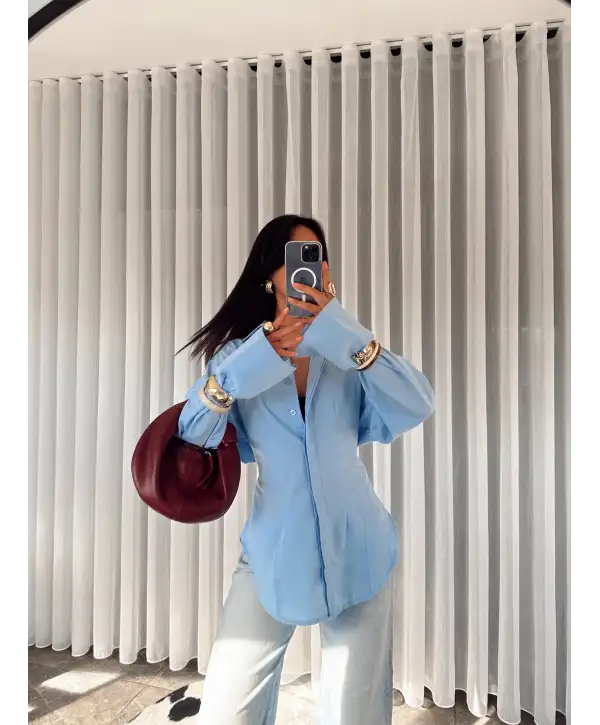 Belden oturtmalı gömlek - mavi