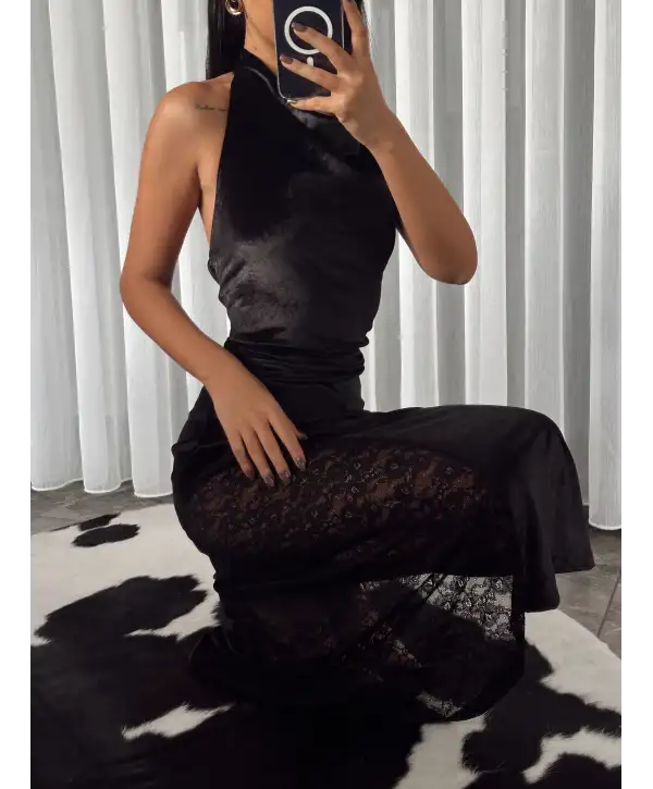 Dantel detay kadife elbise - Siyah