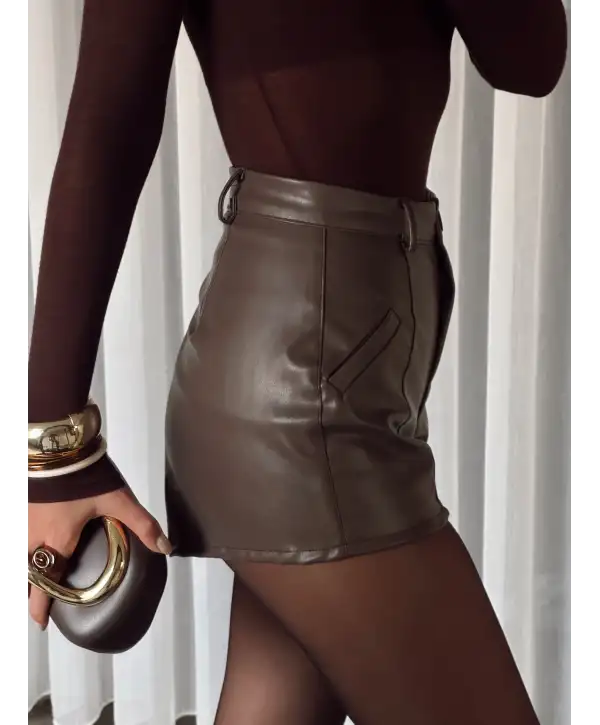 Deri mini şort - Kahverengi