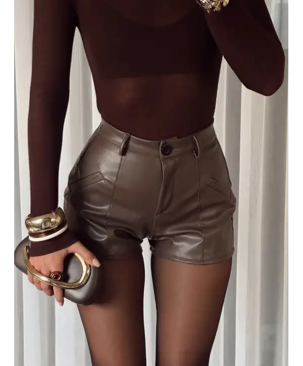 Deri mini şort - Kahverengi