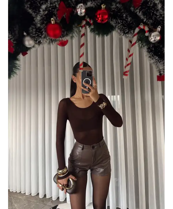 Deri mini şort - Kahverengi