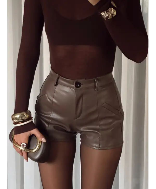 Deri mini şort - Kahverengi