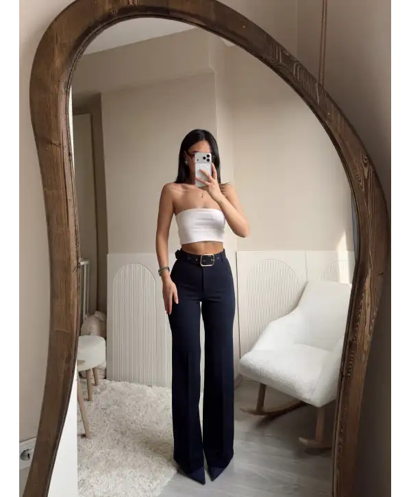 Gold kemerli palazzo pantolon - Lacivert