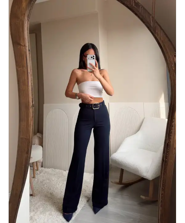 Gold kemerli palazzo pantolon - Lacivert