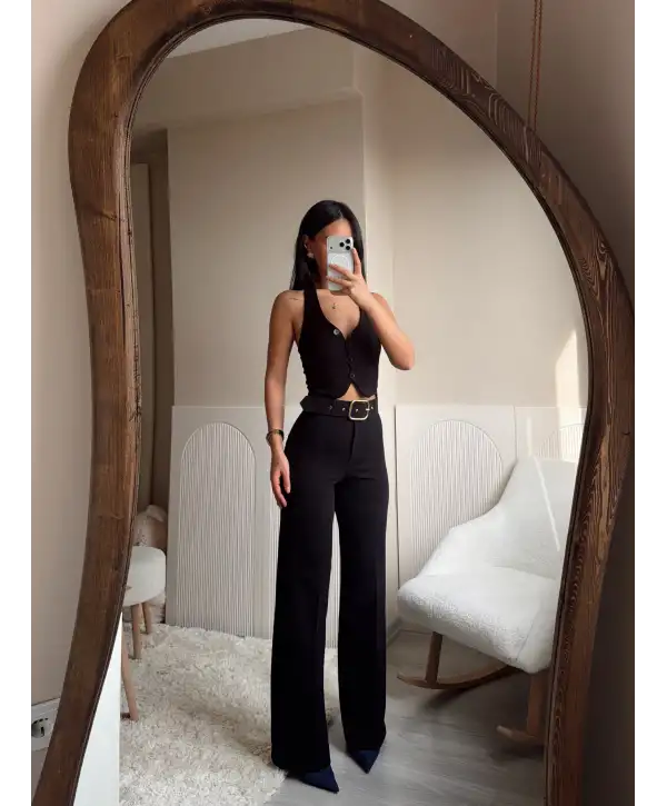 Gold kemerli palazzo pantolon -Siyah