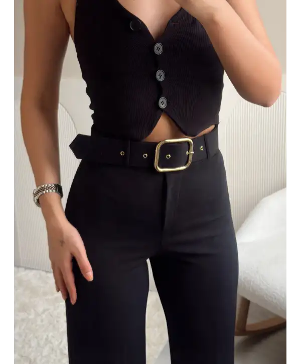 Gold kemerli palazzo pantolon -Siyah