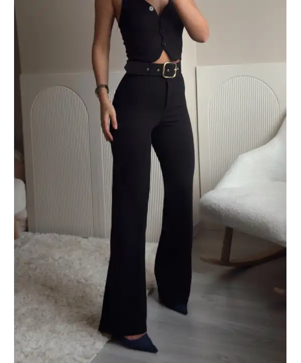 Gold kemerli palazzo pantolon -Siyah