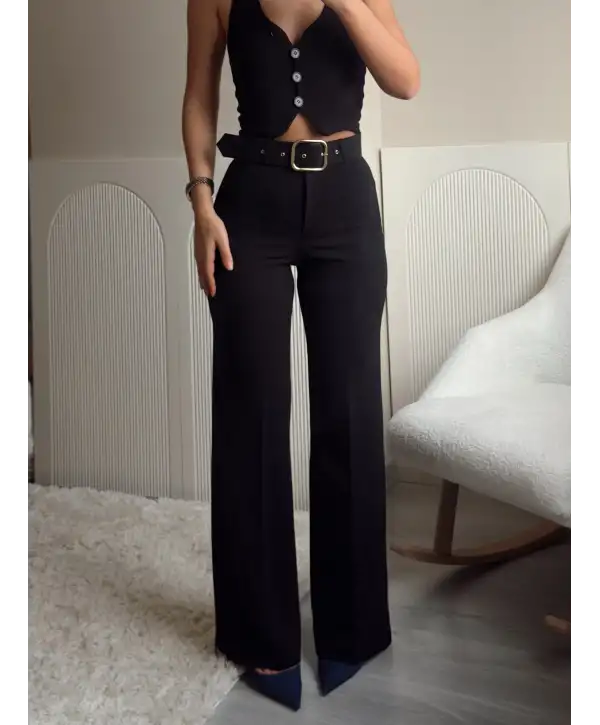 Gold kemerli palazzo pantolon -Siyah