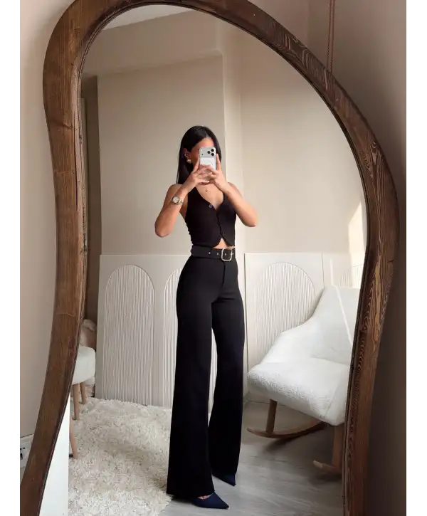 Gold kemerli palazzo pantolon -Siyah