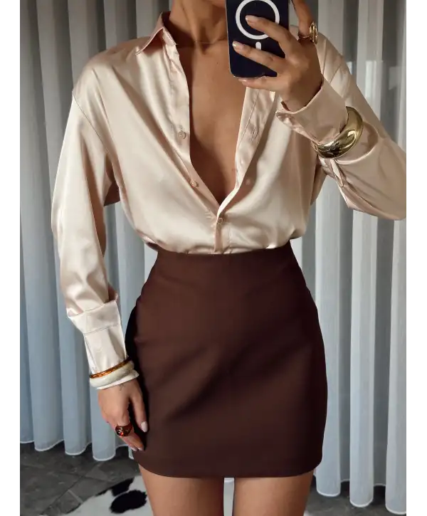 İpek Saten Gömlek-Ekru