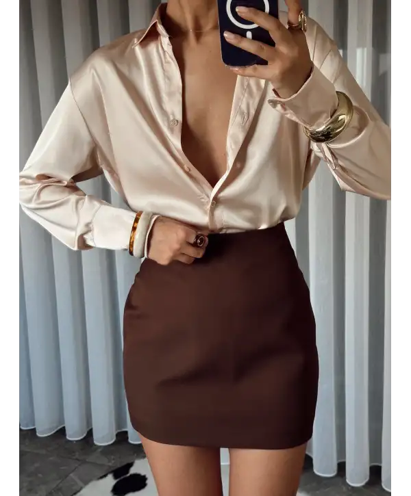 İpek Saten Gömlek-Ekru