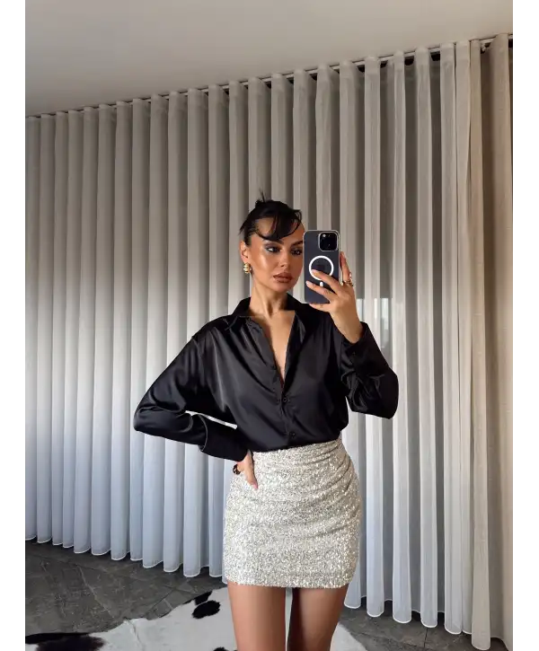 İpek Saten Gömlek - Siyah