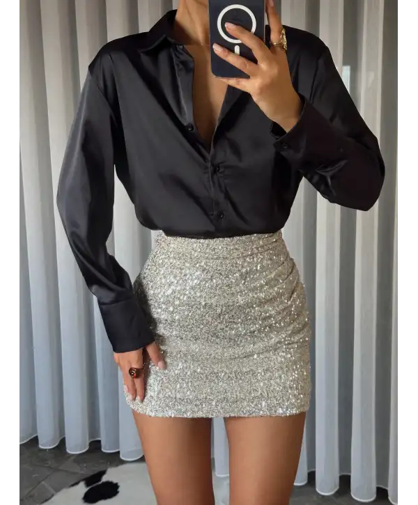 İpek Saten Gömlek - Siyah