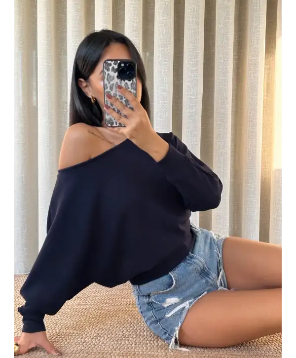 Kayık yaka yarasa kol lacivert