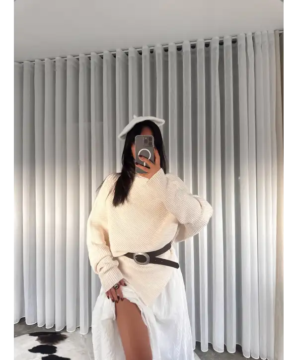 Kemerli asimetrik kesim kazak - Ekru