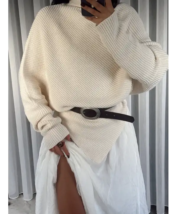 Kemerli asimetrik kesim kazak - Ekru