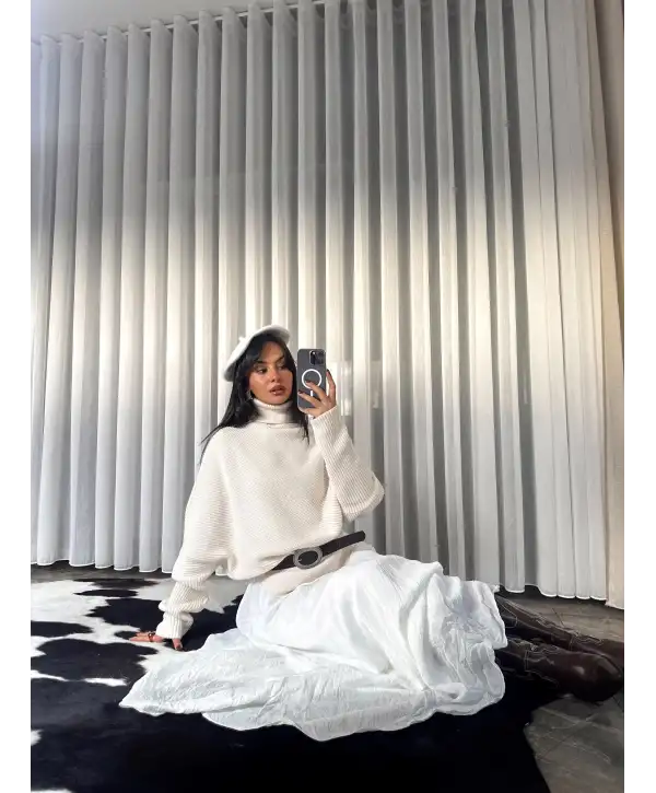 Kemerli asimetrik kesim kazak - Ekru