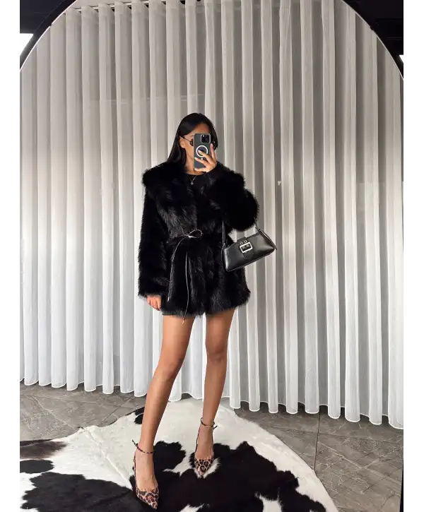 Kemerli şal yaka kürk - Siyah