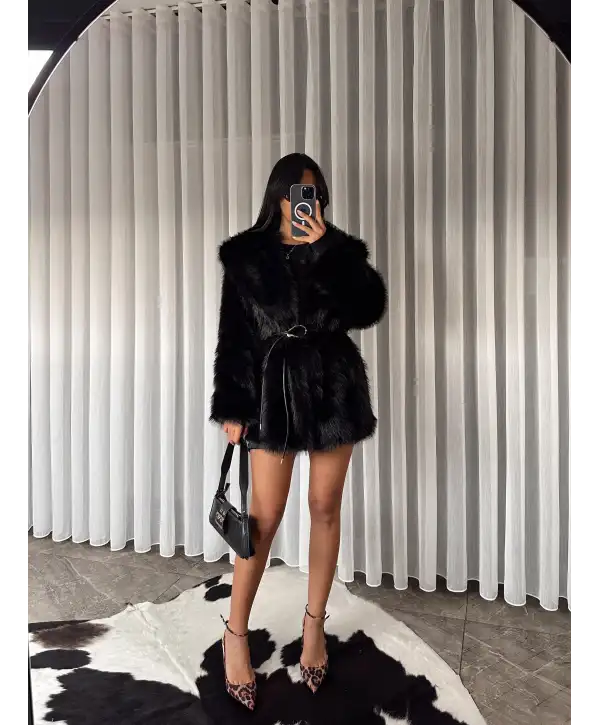 Kemerli şal yaka kürk - Siyah